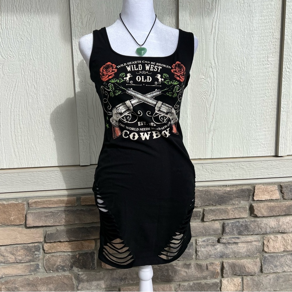 January 7 Black Graphic Cowboy Rose Mini Dress
